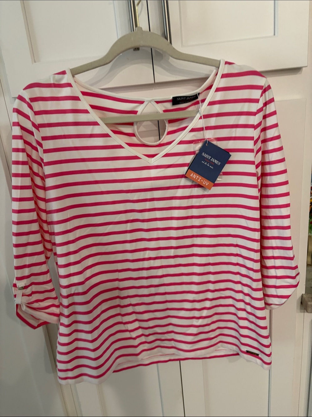 Saint James Pink and White Striped 3/4  L Sleeve V-Neck Top